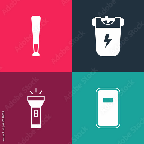 Set pop art Police assault shield, Flashlight, electric shocker and Baseball bat icon. Vector
