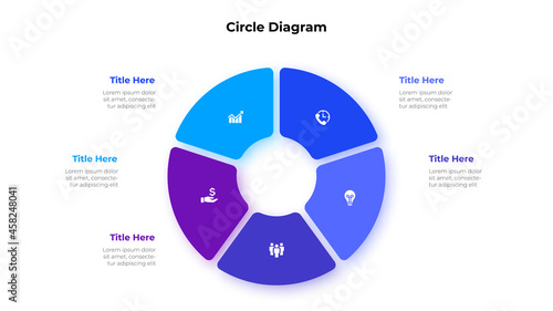 Circle diagram divided into 5 segments. Concept of five options of business project management. Vector illustration for data analysis visualization