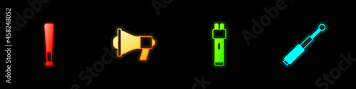 Set Baseball bat, Megaphone, Police electric shocker and Telescopic baton icon. Vector