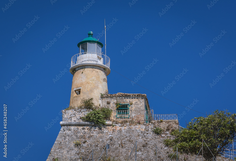 Close up on lighthouse in Old Venetian Fortress in Corfu, capital of Corfu Island in Greece