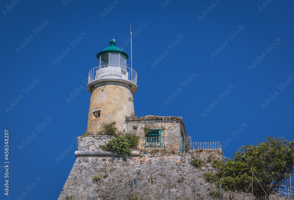 Close up on lighthouse in Old Venetian Fortress in Corfu, capital of Corfu Island in Greece Close up on lighthouse in Old Venetian Fortress in Corfu, capital of Corfu Island in Greece