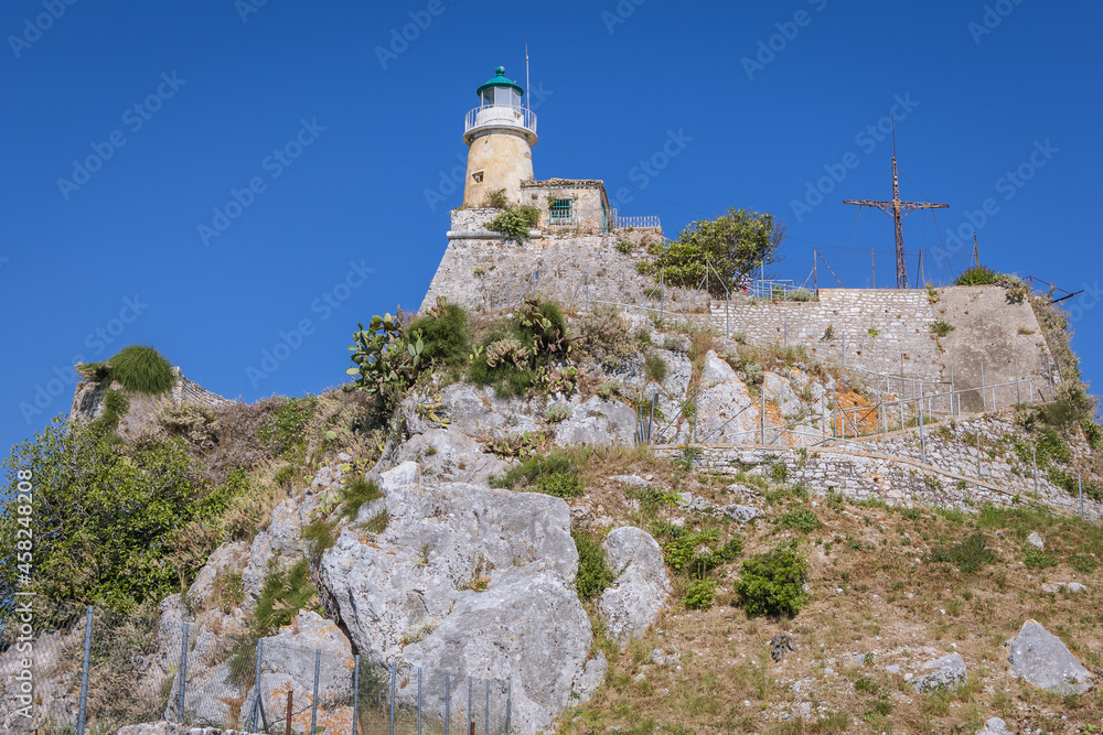 Old Venetian Fortress in Corfu, capital of Corfu Island, Greece, view with lighthouse