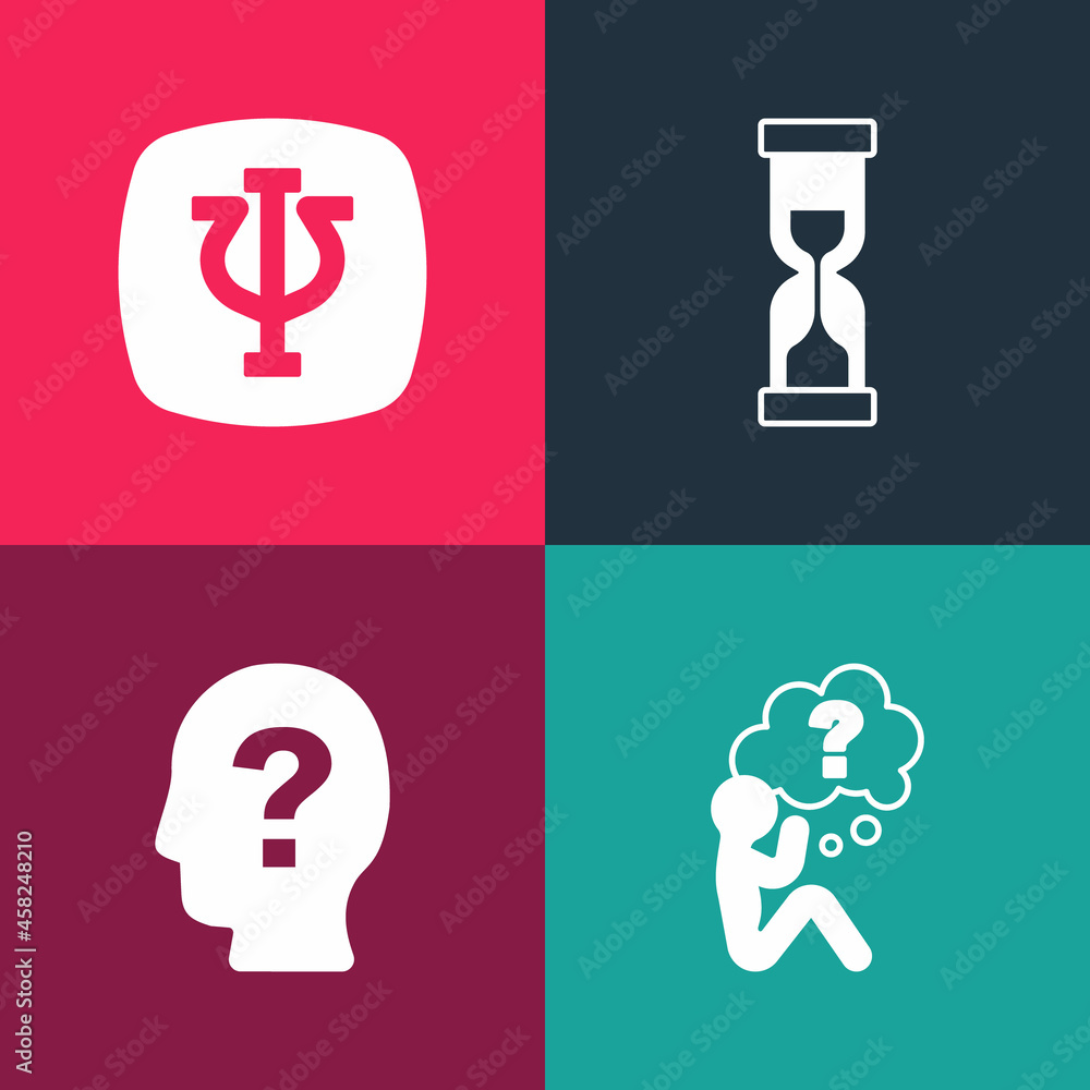 Set pop art Head with question mark, , Old hourglass and Psychology, Psi icon. Vector