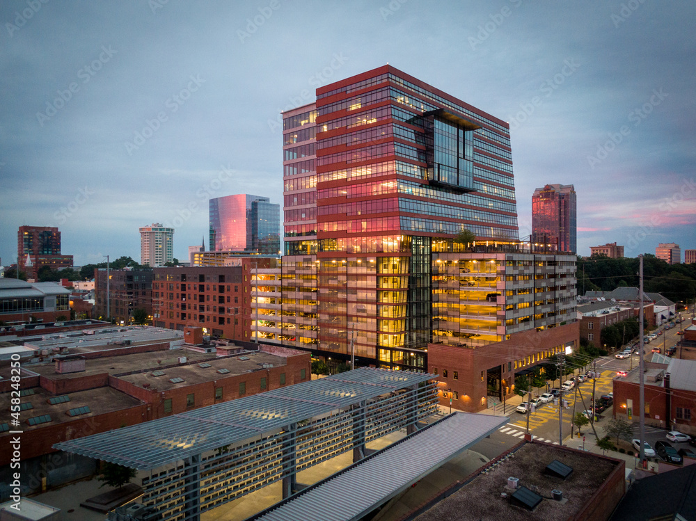 Fototapeta premium Sunset Drone Image of Downtown Raleigh North Carolina Skyline