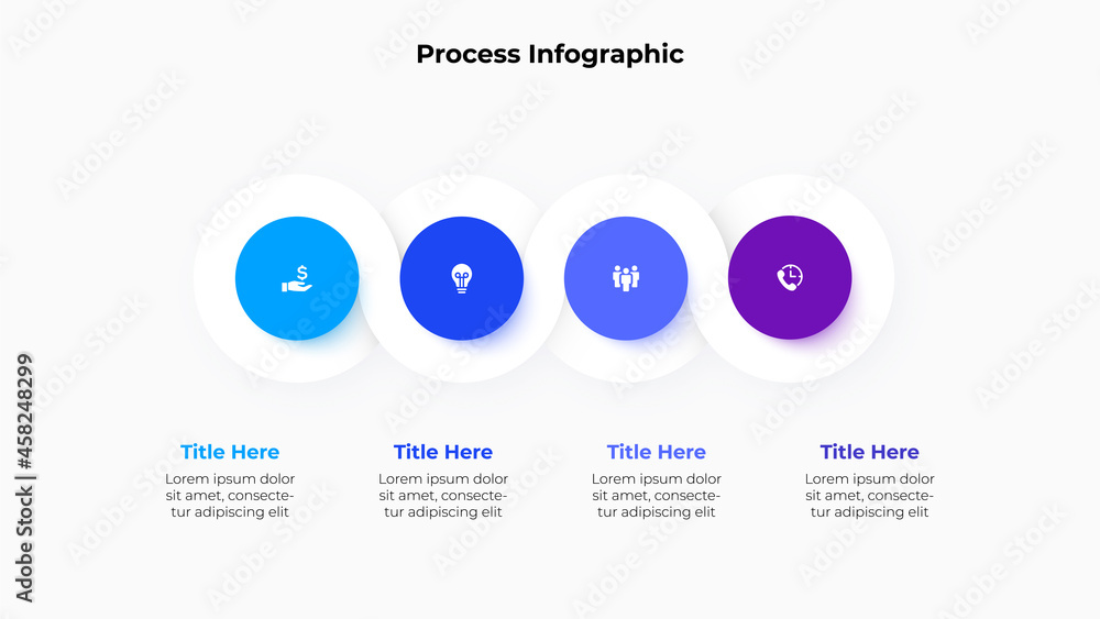 Fototapeta premium Horizontal progress diagram with four circle elements. Concept of 4 steps of business timeline. Creative infographic design template