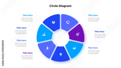 Circle diagram divided into 7 segments. Concept of seven options of business project management. Vector illustration for data analysis visualization