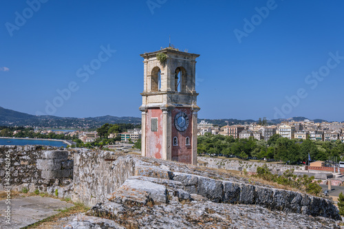 Historical clock tower in Old Venetian Fortress in Corfu, capital of Corfu Island in Greece