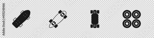 Set Skateboard, Longboard or skateboard, and wheel icon. Vector