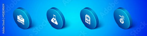 Set Isometric Radioactive cargo train, Dosimeter, and Test tube radiation icon. Vector