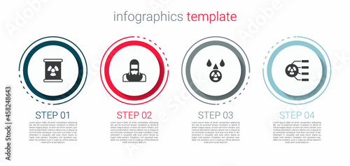 Set Radioactive waste in barrel, Nuclear reactor worker, Acid rain and radioactive cloud and . Business infographic template. Vector