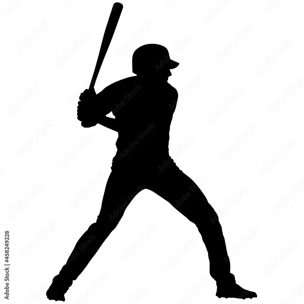 baseball game batter player position, also known as batsman - batman in motion to hit a pitcher's ball with the bat when teeing off. detailed realistic silhouette
