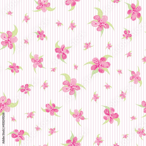 Sakura blossom seamless vector pattern background. Scattered pink cherry petals leaves in pink striped white backdrop. Feminine repeat floral botanical design with spring buds. Elegant all over print