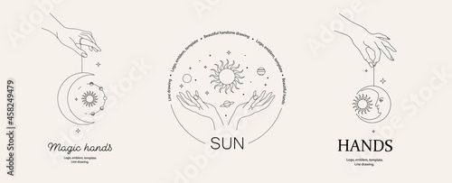 Magical hand. Hands, planets, sun and stars.