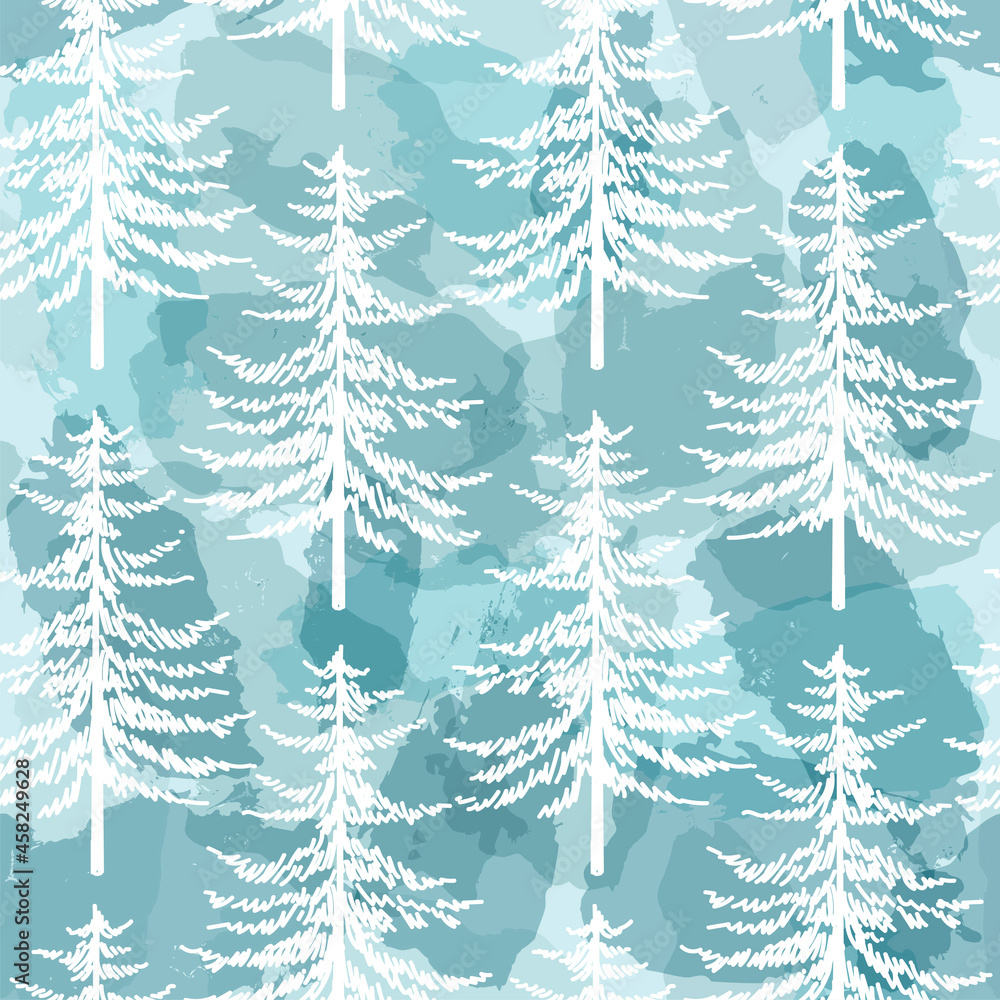 Obraz premium Christmas tree seamless vector pattern. Watercolor Noel firs print, winter frozen pine trees on blue background, wallpaper, wrapping paper design