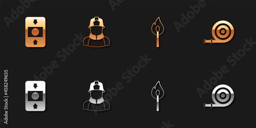 Set Fire alarm system, Firefighter, Burning match with fire and hose reel icon. Vector