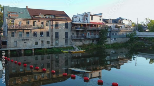 Village of Elora Ontario Canada early morning summer sunrise along the Grand River