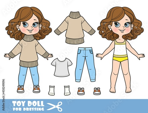 Cartoon girl with lush curly chestnut hairstyle dressed and clothes separately -  beige warm sweater, t-shirt, jeans and sneakers doll for dressing