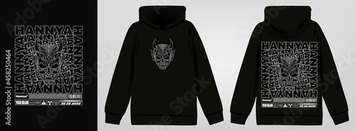 Abstract poster hannya demon mask. Stylish sweatshirt with a hood in Acid Graphic style, trendy streetwear, vector illustration