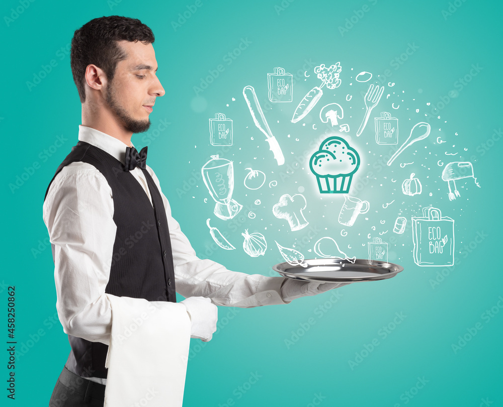 Waiter holding silver tray with food icons above Waiter holding silver tray with food icons above