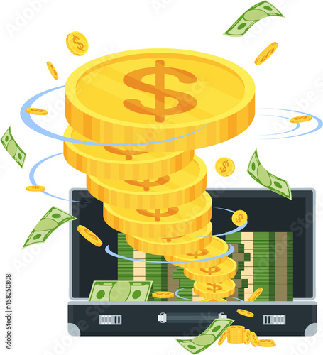 Money whirlwind in a suitcase with money.