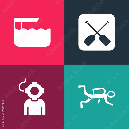 Set pop art Scuba diver, Aqualung, Paddle and Diving board or springboard icon. Vector