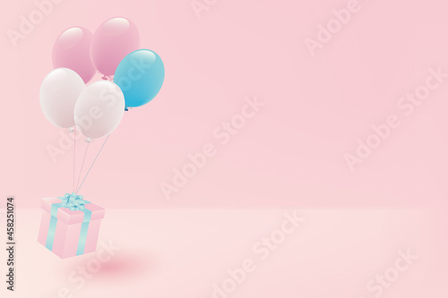 パステルカラーの風船とプレゼントボックス
