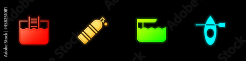 Set Swimming pool with ladder, Aqualung, Diving board or springboard and Kayak and paddle icon. Vector
