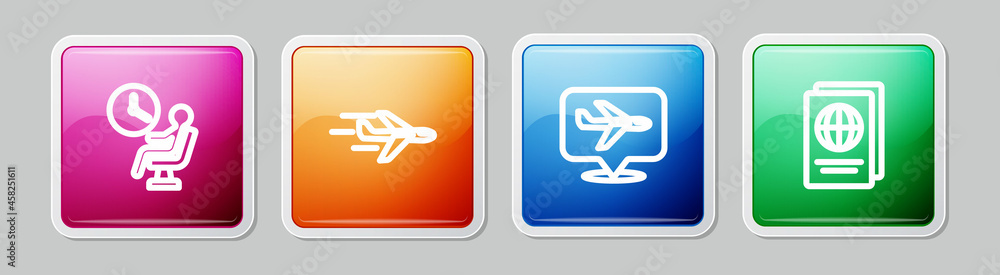 Set line Human waiting in airport terminal, Plane, and Passport. Colorful square button. Vector Set line Human waiting in airport terminal, Plane, and Passport. Colorful square button. Vector