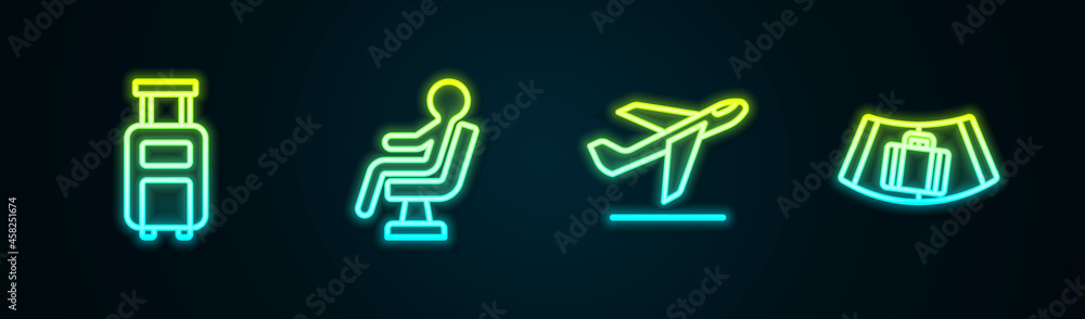 Set line Suitcase, Human waiting in airport terminal, Plane takeoff and Conveyor belt with suitcase. Glowing neon icon. Vector Set line Suitcase, Human waiting in airport terminal, Plane takeoff and Conveyor belt with suitcase. Glowing neon icon. Vector
