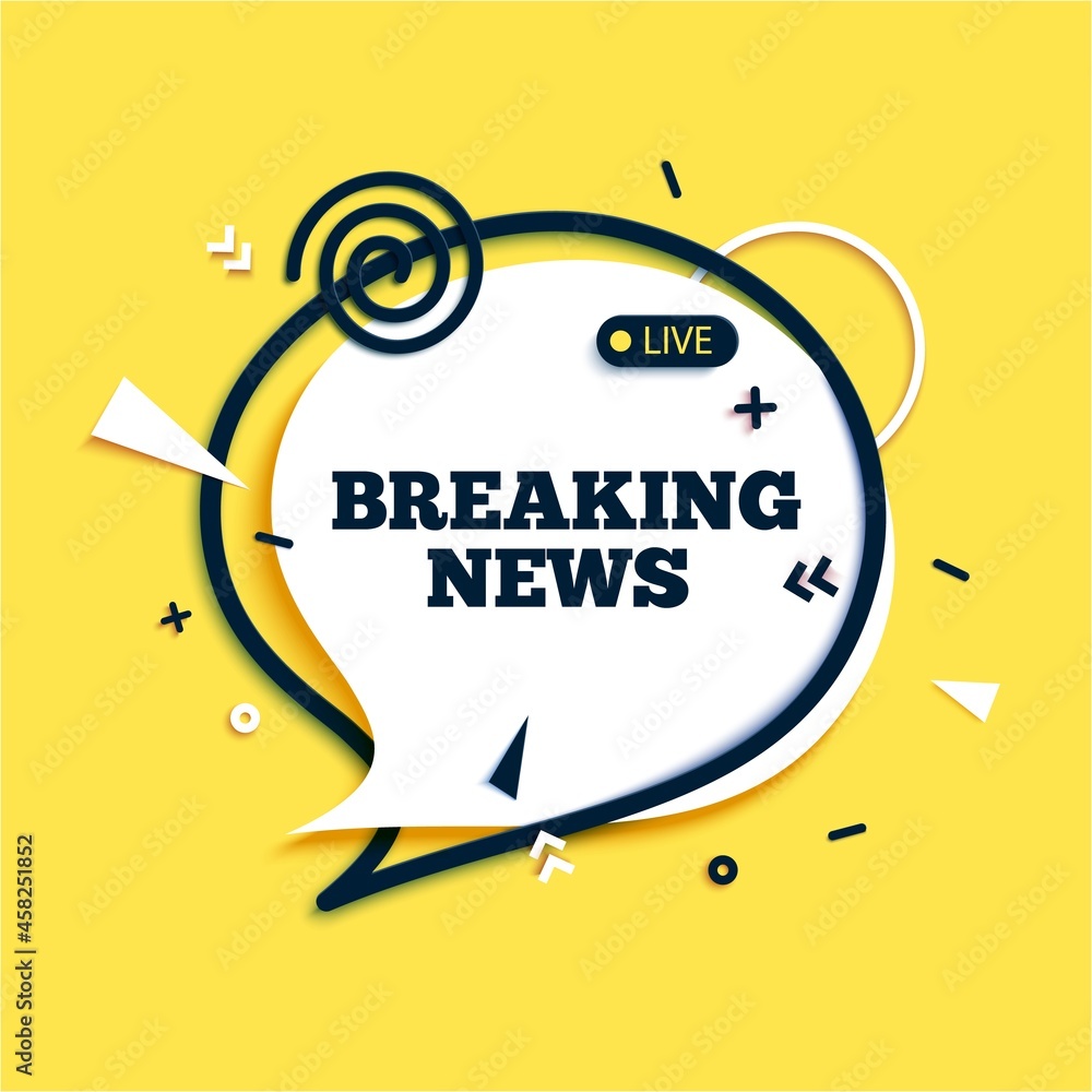 Breaking news speech bubble and megaphone with abstract geometric shapes in paper cut style. White sticker and black frame on yellow background. Modern flat hot news banner. Vector card illustration.
