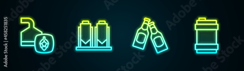 Set line Beer brewing process, , bottle and Metal beer keg. Glowing neon icon. Vector