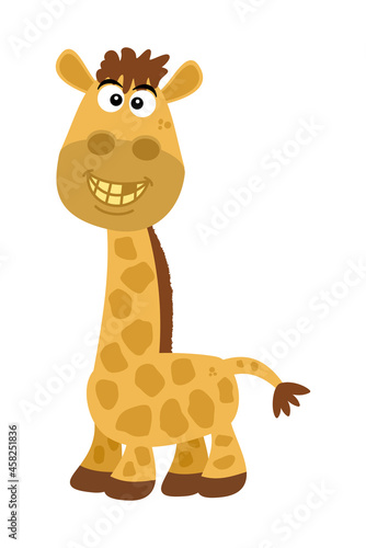 Little young giraffe with yellow teeth and brown hair with a lot of humor 