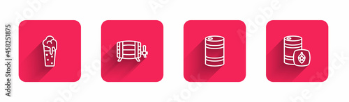 Set line Glass of beer, Wooden barrel, Metal keg and with long shadow. Red square button. Vector