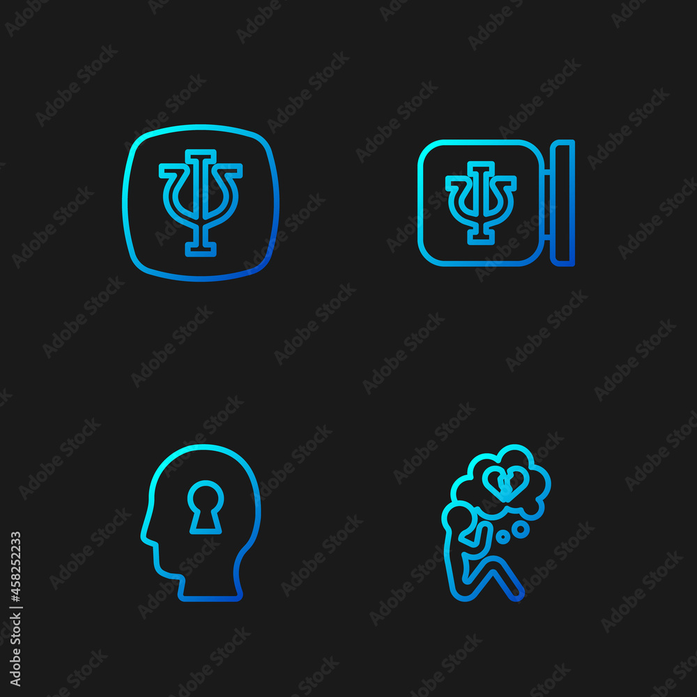 Set line Broken heart or divorce, Solution to the problem, Psychology, Psi and . Gradient color icons. Vector Set line Broken heart or divorce, Solution to the problem, Psychology, Psi and . Gradient color icons. Vector