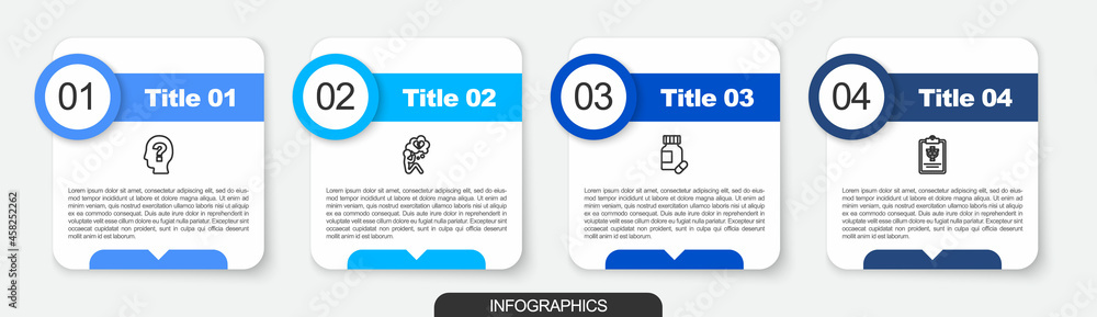 Set line Head with question mark, Broken heart or divorce, Sedative pills and Psychology, Psi. Business infographic template. Vector Set line Head with question mark, Broken heart or divorce, Sedative pills and Psychology, Psi. Business infographic template. Vector