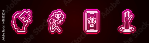 Set line Solution to the problem, Broken heart or divorce, Psychologist online and Helping hand. Glowing neon icon. Vector