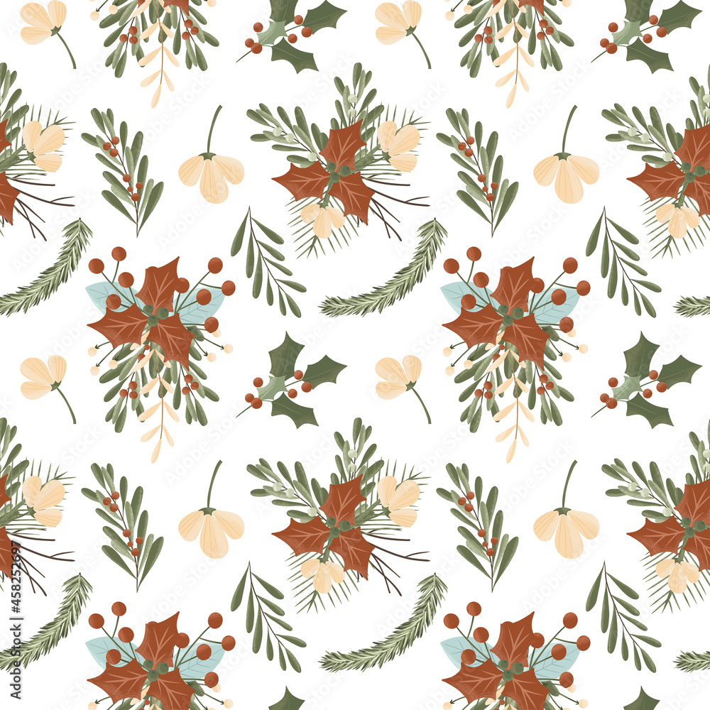 Christmas winter holly berries and leaves arrangements seamless pattern, hand drawn illustration on a white background