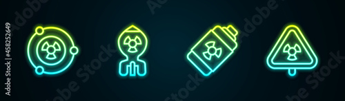 Set line Radioactive, Nuclear bomb, energy battery and Triangle with radiation. Glowing neon icon. Vector