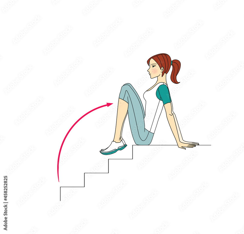 Workout on the stairs. The girl is doing exercises on the stairs. Muscles of the legs and buttocks. Isolated on white background. Workout on the stairs. The girl is doing exercises on the stairs. Muscles of the legs and buttocks. Isolated on white background.