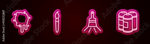 Set line Paint spray, brush, and can. Glowing neon icon. Vector