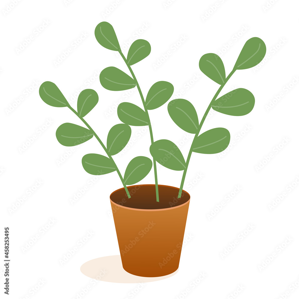 Colorful silhouette of plant in flower pot without contour. Plant and ecology design for greeting card, menu, banner, sticker, advertisement, poster. Flat illustration: homemade flower in a pot Colorful silhouette of plant in flower pot without contour. Plant and ecology design for greeting card, menu, banner, sticker, advertisement, poster. Flat illustration: homemade flower in a pot