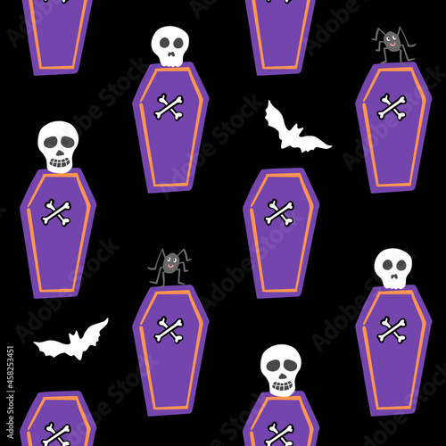 Halloween seamless vector repeat pattern with purple coffins and bones, half drop on black background, orange accents. Simple and sophisticated Halloween backdrop with sculls, bats and spiders.