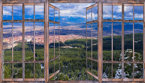 nature landscape  through a window with curtains
