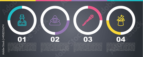 Set line Bottle with potion, All-seeing eye of God, Magic staff and hat. Business infographic template. Vector