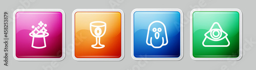 Set line Magic hat, Medieval goblet, Ghost and All-seeing eye of God. Colorful square button. Vector