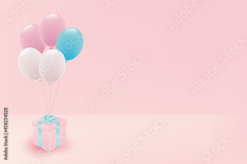 パステルカラーの風船とプレゼントボックス