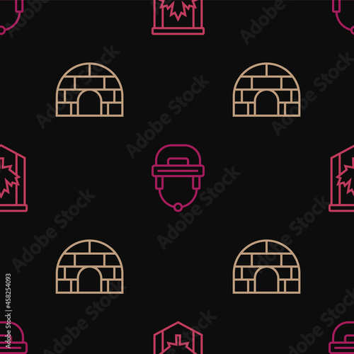 Set line Pennant flag of Canada, Igloo ice house and Hockey helmet on seamless pattern. Vector