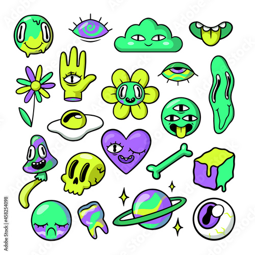 Neon cartoon stickers of crazy mushroom, flower, cloud, heart, hand with eyes. Vector illustration set. Psychedelic elements, skull, bone, tooth, mouth, emoji. Hallucination concept