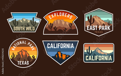 Set of Badge patch mountain desert vintage retro style, sticker emblem logo national park collection