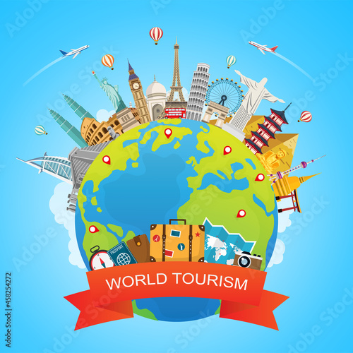 world tourism day. travel around the world with landmark on earth. road trip. Journey concept. Travelling banner. vector illustration in flat style modern design.